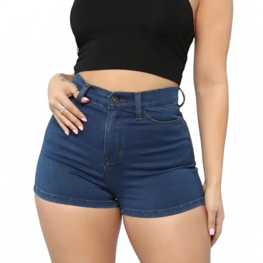 Fashion Nova High Waisted Denim Shorts Dark Wash Stretch Size 3/26 NWT